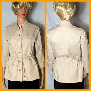 Doncaster safari style drawstring waist Flap Pockets tan jacket sz 8P NEW